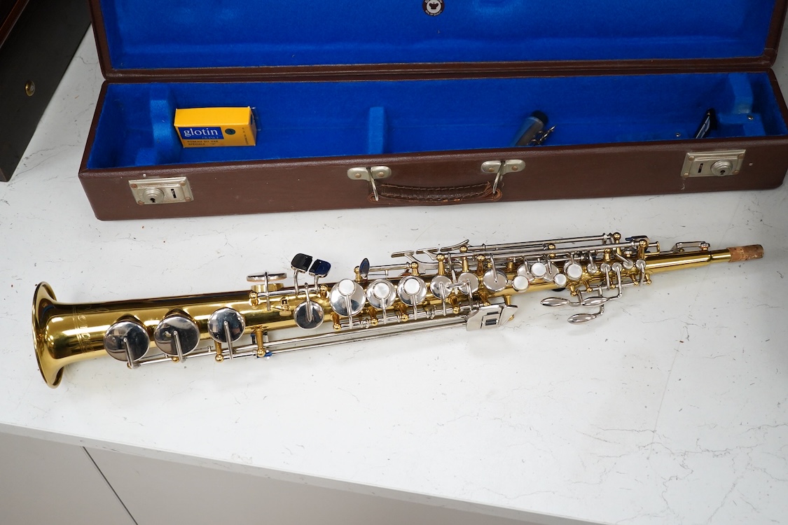 A cased Sonora soprano saxophone in a Rudall Carte branded case